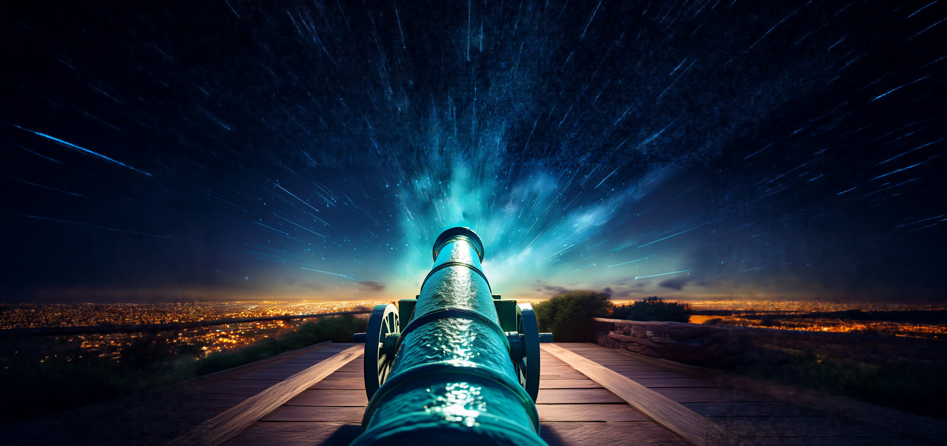 The Coffy Town cannon console glowing teal over the neon skyline