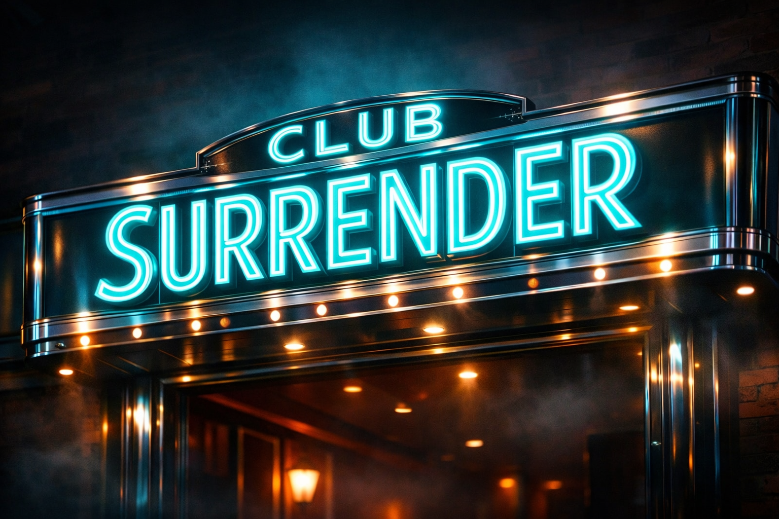 Club Surrender neon marquee glowing teal above the club's mirrored entrance