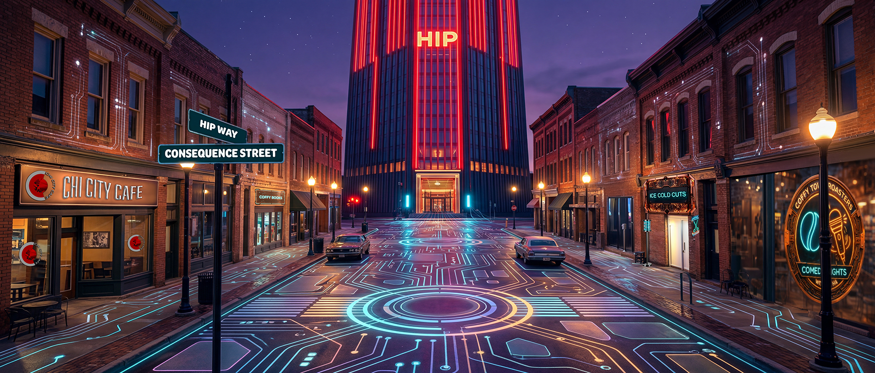 HIP Way in the Tower District leading toward the glowing HIP IP Tower, with Chi City Cafe and Coffy Books on the left and Ice Cold Cuts and Coffy Town Roasters on the right