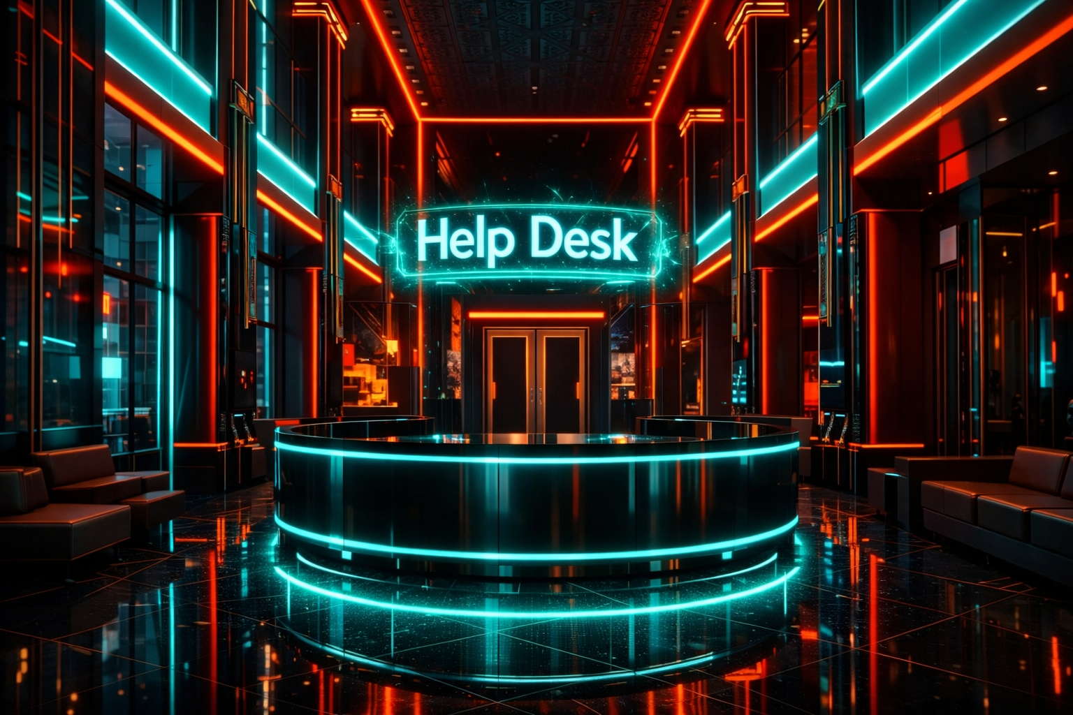HIP IP Tower Help Desk — neon teal reception