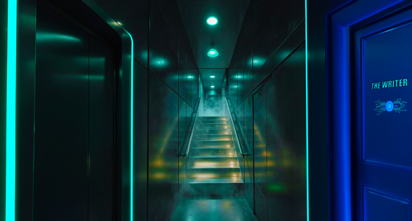 Neon-lit corridor with the elevator on the left, mystical stairwell rising to the Rooftop Pool, and The Writer's blue door on the right