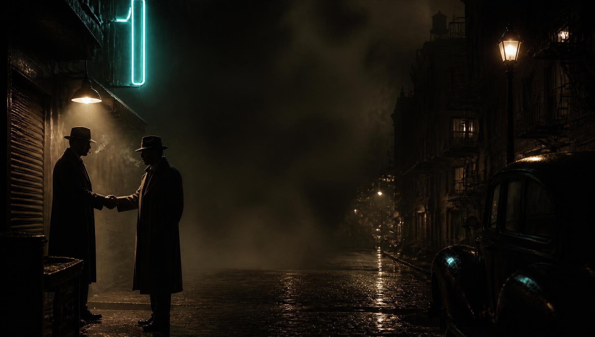 Two figures in fedoras and long coats shaking hands in smoky teal neon light on a wet noir street